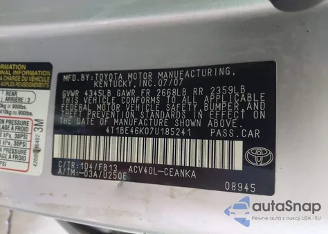 2007 Toyota Camry Ce/Le/Xle/Se z USA, uszkodzony, nr VIN 4T1BE46K07U185241